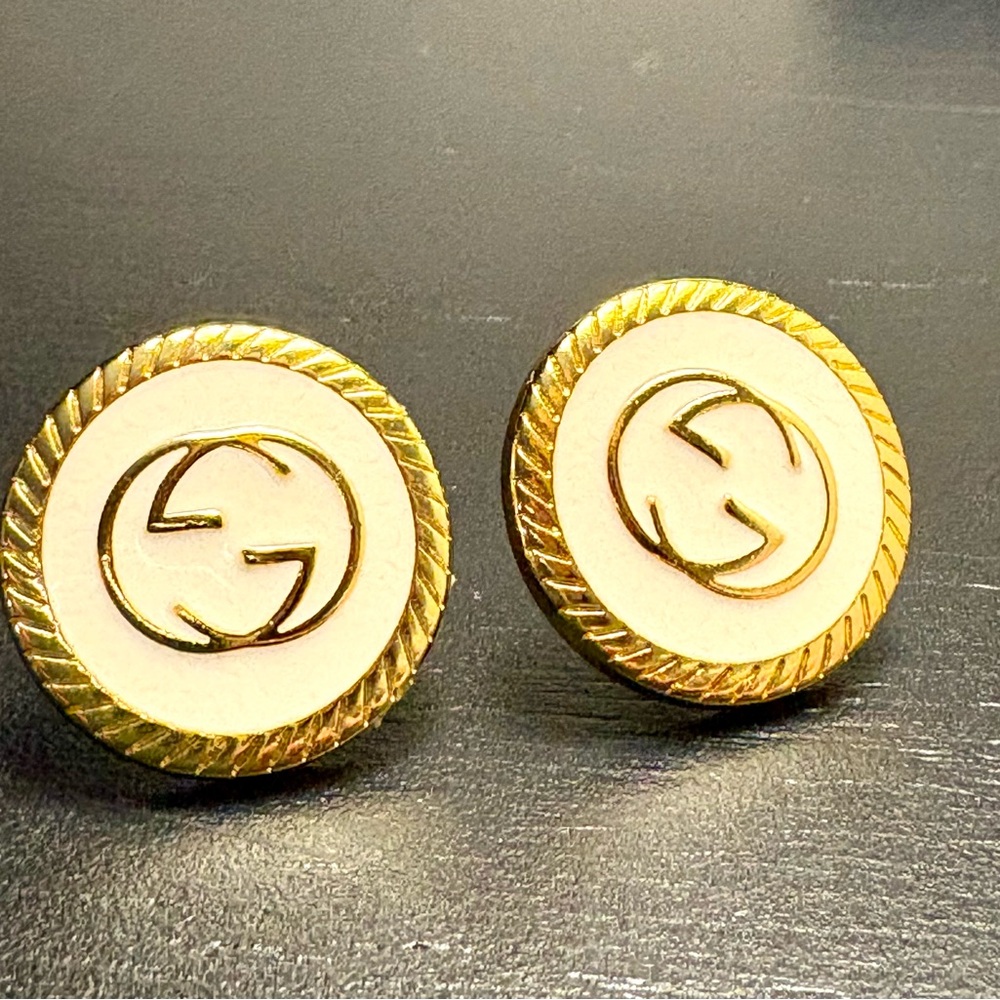 Gucci Gold and Cream Logo Stud Earrings